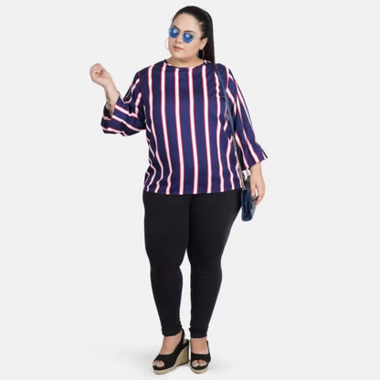 Generic Women's Casual Bell Sleeve Striped Blue Top (Color:Blue, Material:Crepe)