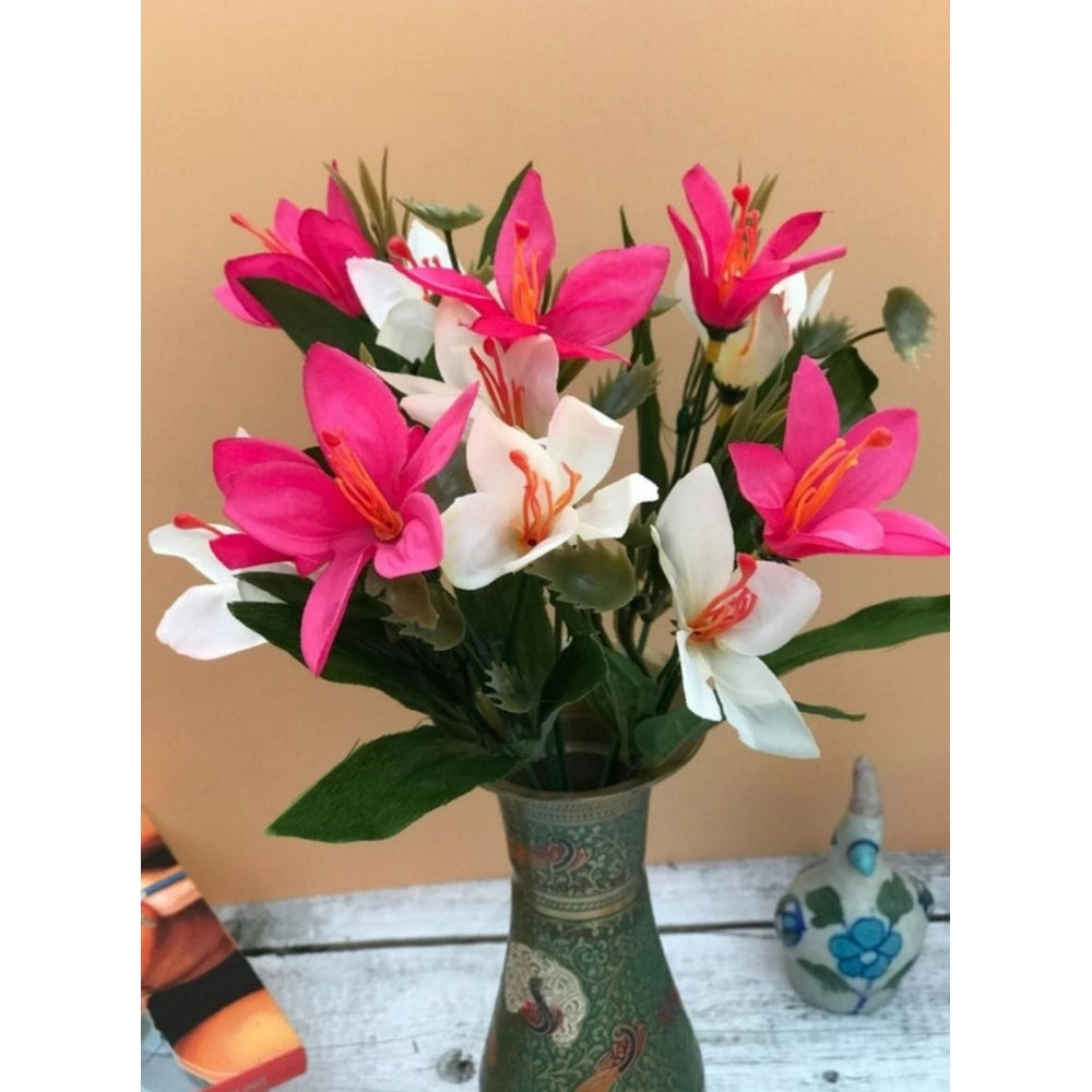 Generic Artificial Flowers Bunch Bouquet Oflily Flowers For Home Decoration (Pink And White, Material:Silk, Polyester)