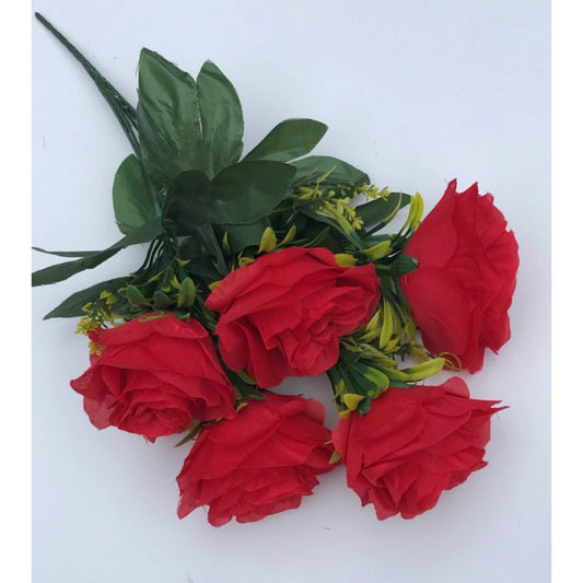 Generic Artificial Flowers Bunch Bouquet Of 5 Roses For Home Decoration (Red, Material:Silk, Polyester)