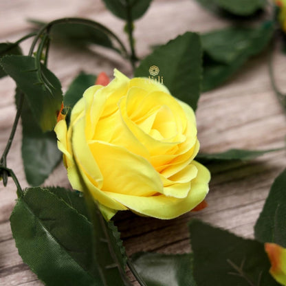 Generic Artificial Rose Vine Flowers With Green Leaves For Home Party Garden Wall Decoration (Yellow, Material:Silk, Polyester)
