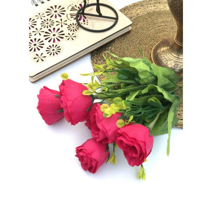 Generic Artificial Flowers Bunch Bouquet Of 6 Garden Roses For Home Decoration (Darkpink, Material:Silk, Polyester)