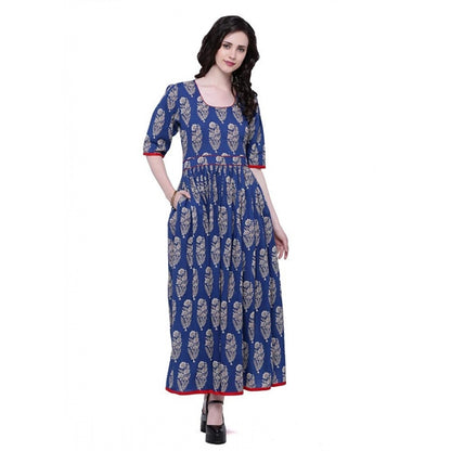 Generic Women's Cotton Printed Anarkali Kurti (Blue, Cotton)