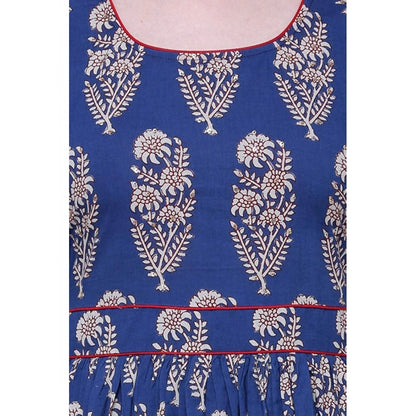 Generic Women's Cotton Printed Anarkali Kurti (Blue, Cotton)