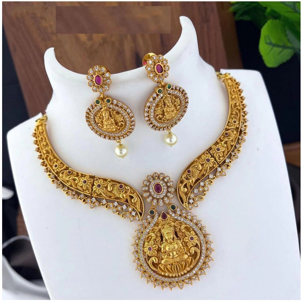 Generic Women's Gold Plated Necklace and Earrings Set with Kundan Work (Multi Color, Free Size)