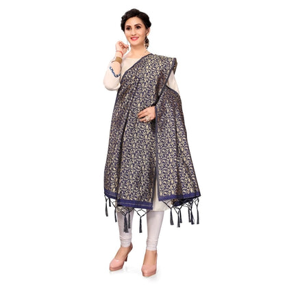 Generic Women's Silk Pure weaving Work Duppatta (Navy Blue, Length: 2-2.3 Mtrs)