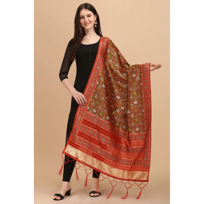 Generic Women's Silk Pure Zari weaving Duppatta (Brown, Length: 2-2.3 Mtrs)