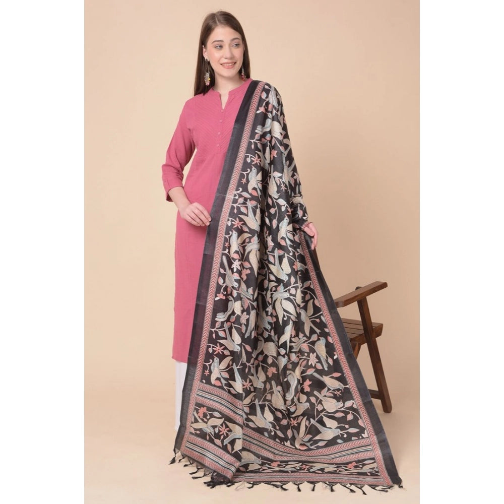 Generic Women's Art Silk Printed Dupatta (Black, Length: 2.25 to 2.50 Mtr)