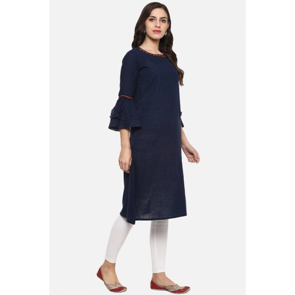 Generic Women's Casual Bell Sleeves Solid Cotton Slub Kurti (Blue)