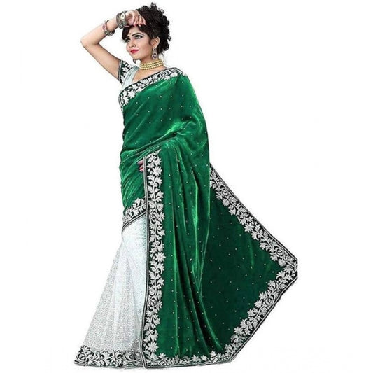 Generic Women's Velvet Embroidered Saree With Unstitched Blouse (Green, 5.5 Mtr)