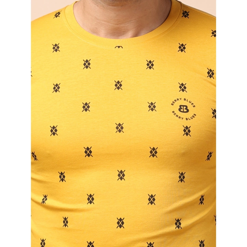 Generic Men's Casual Cotton Printed Round Neck Full Sleeve T-Shirt (Mustard)
