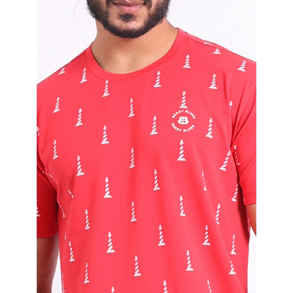 Generic Men's Casual Cotton Printed Round Neck Half Sleeve T-Shirt (Red)