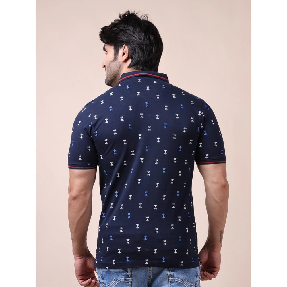 Generic Men's Casual Cotton Printed Polo Neck Half Sleeve T-Shirt (Navy)