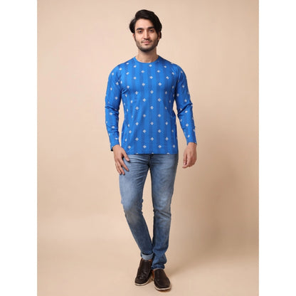 Generic Men's Casual Cotton Printed Round Neck Full Sleeve T-Shirt (Blue)