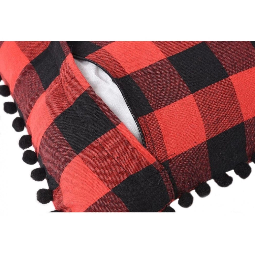 Generic Pack Of_2 Cotton Checkered Cushion Cover With Pom Pom (Red &amp; Black, Size: 12x20 In)