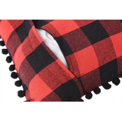 Generic Pack Of_2 Cotton Checkered Cushion Cover With Pom Pom (Red &amp; Black, Size: 12x20 In)