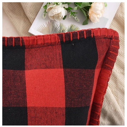 Generic Pack Of_2 Cotton Checkered Cushion Cover With Blanket Stitch (Red &amp; Black, Size: 12x20 In)