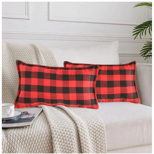 Generic Pack Of_2 Cotton Checkered Cushion Cover With Blanket Stitch (Red &amp; Black, Size: 12x20 In)