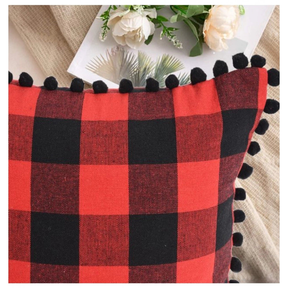 Generic Pack Of_2 Cotton Checkered Cushion Cover With Pom Pom (Red &amp; Black, Size: 12x20 In)