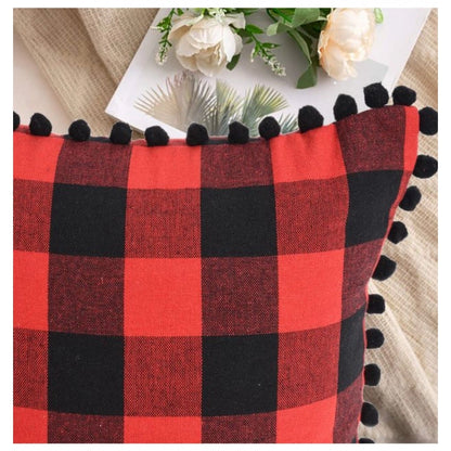 Generic Pack Of_2 Cotton Checkered Cushion Cover With Pom Pom (Red &amp; Black, Size: 12x20 In)