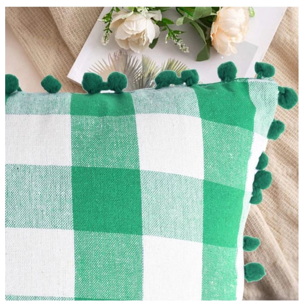 Generic Pack Of_2 Cotton Checkered Cushion Cover With Pom Pom (Green, Size: 12x20 In)