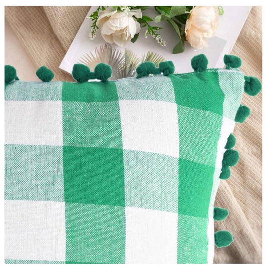 Generic Pack Of_2 Cotton Checkered Cushion Cover With Pom Pom (Green, Size: 12x20 In)