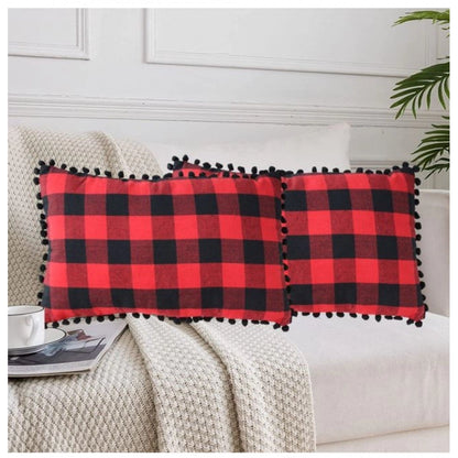 Generic Pack Of_2 Cotton Checkered Cushion Cover With Pom Pom (Red &amp; Black, Size: 12x20 In)