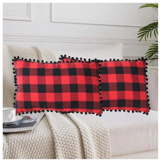 Generic Pack Of_2 Cotton Checkered Cushion Cover With Pom Pom (Red &amp; Black, Size: 12x20 In)