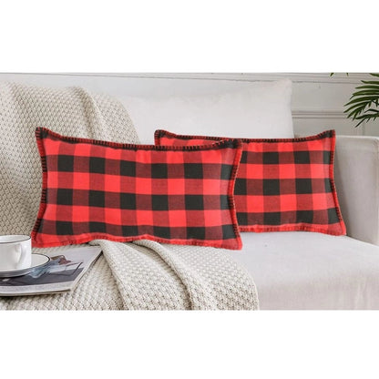 Generic Pack Of_2 Cotton Checkered Cushion Cover With Blanket Stitch (Red &amp; Black, Size: 12x20 In)