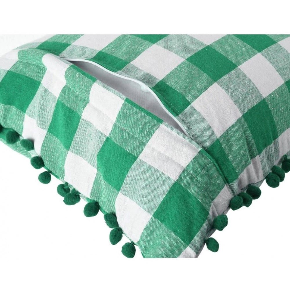 Generic Pack Of_2 Cotton Checkered Cushion Cover With Pom Pom (Green, Size: 12x20 In)