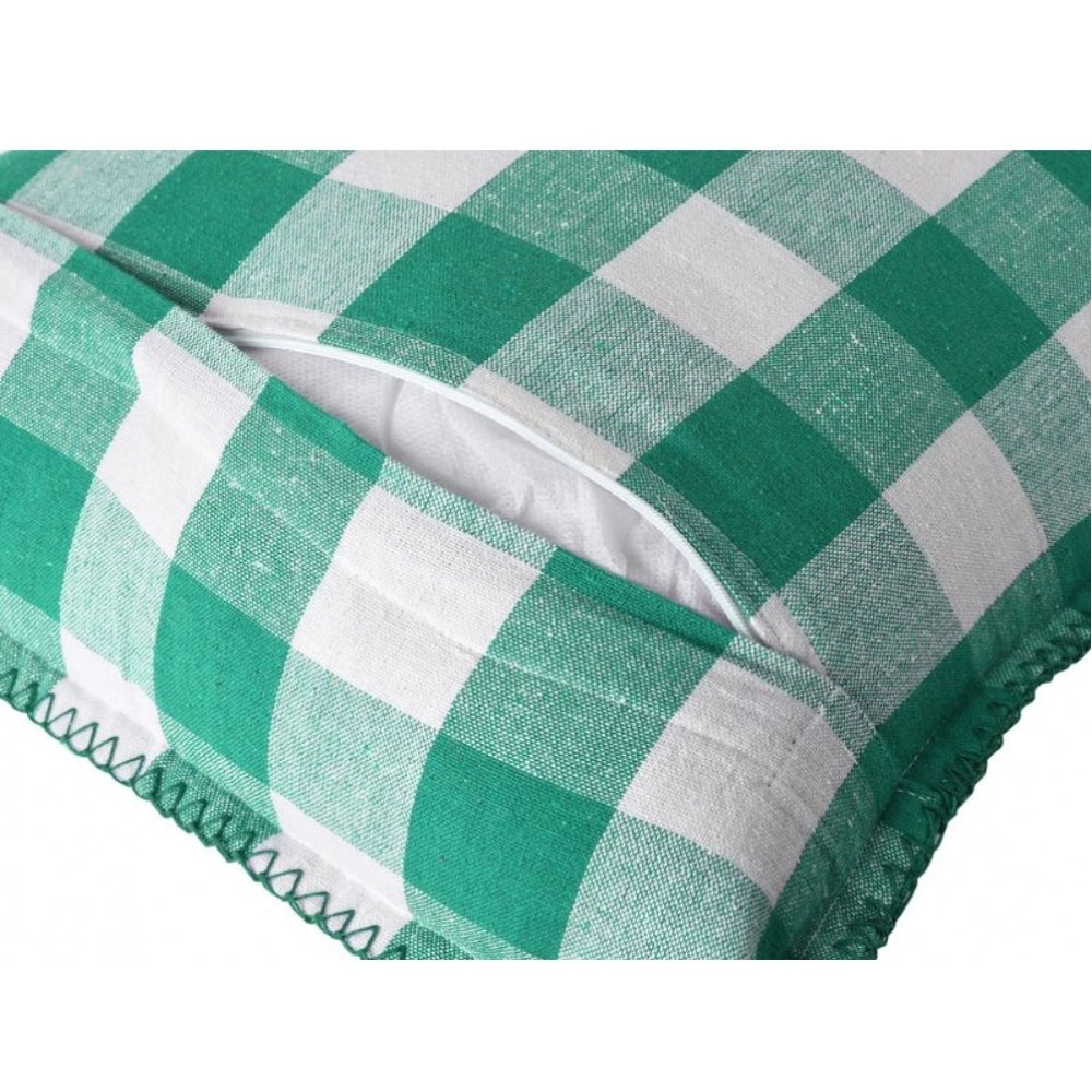 Generic Pack Of_2 Cotton Checkered Cushion Cover With Blanket Stitch (Green, Size: 12x20 In)