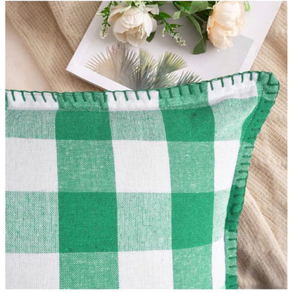 Generic Pack Of_2 Cotton Checkered Cushion Cover With Blanket Stitch (Green, Size: 12x20 In)