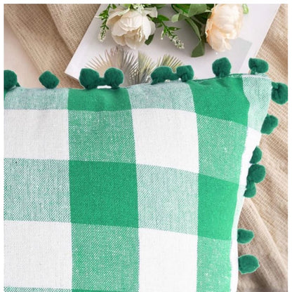 Generic Pack Of_2 Cotton Checkered Cushion Cover With Pom Pom (Green, Size: 12x20 In)