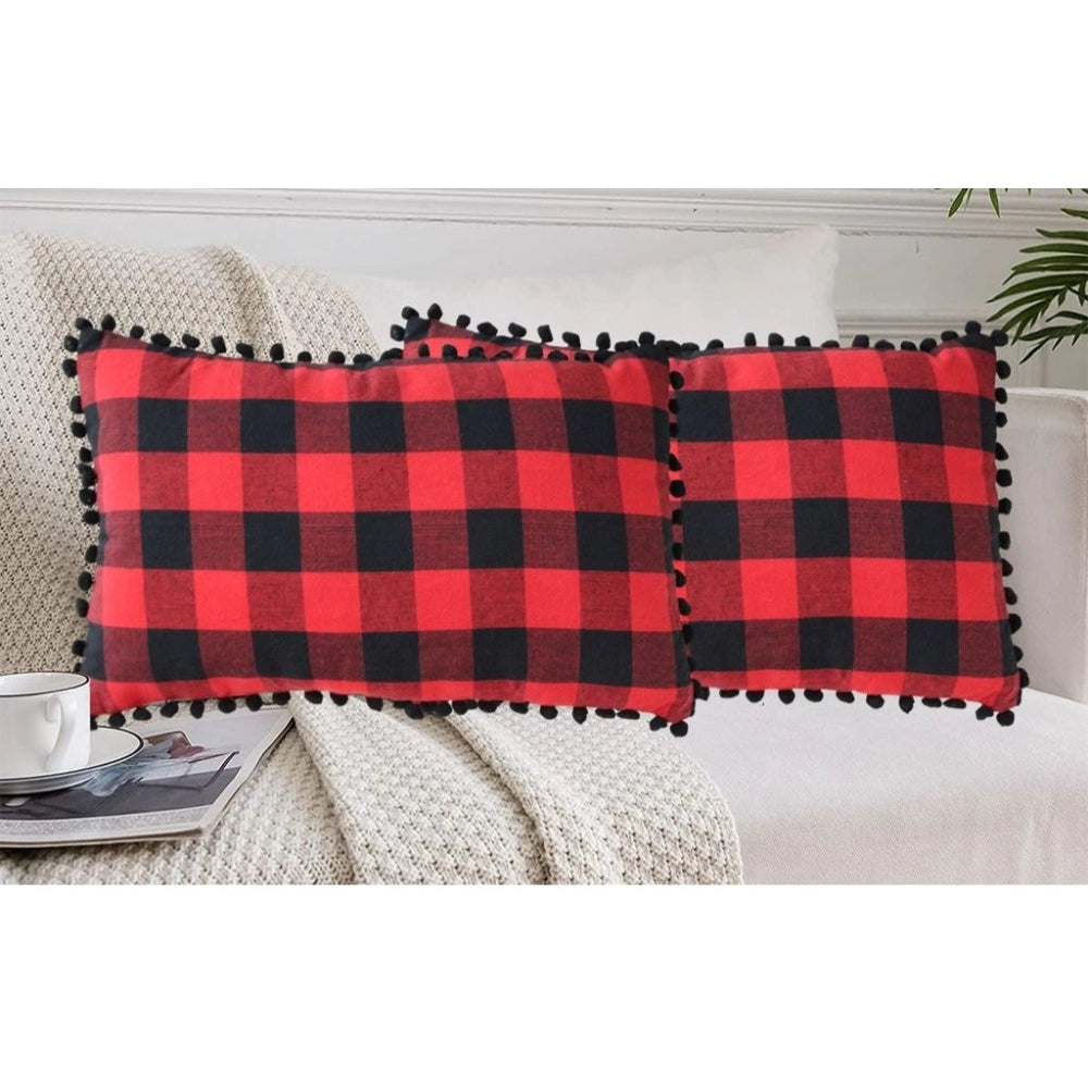 Generic Pack Of_2 Cotton Checkered Cushion Cover With Pom Pom (Red &amp; Black, Size: 12x20 In)