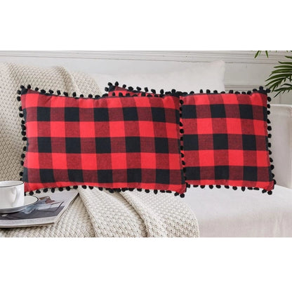 Generic Pack Of_2 Cotton Checkered Cushion Cover With Pom Pom (Red &amp; Black, Size: 12x20 In)