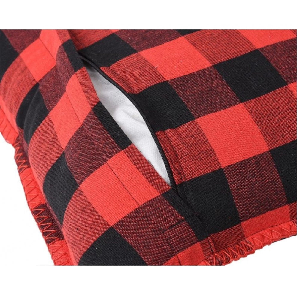 Generic Pack Of_2 Cotton Checkered Cushion Cover With Blanket Stitch (Red &amp; Black, Size: 12x20 In)