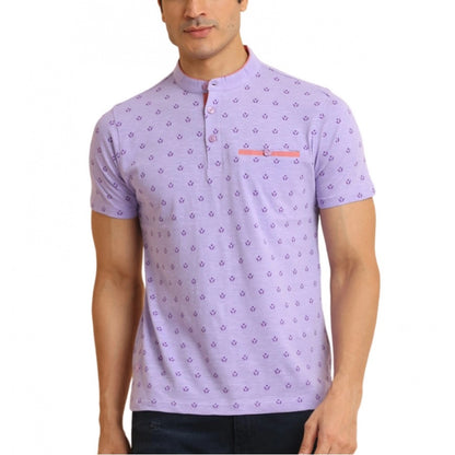 Generic Men's Casual Cotton Printed Mandarin Collar Half Sleeve T-Shirt (Lavender)