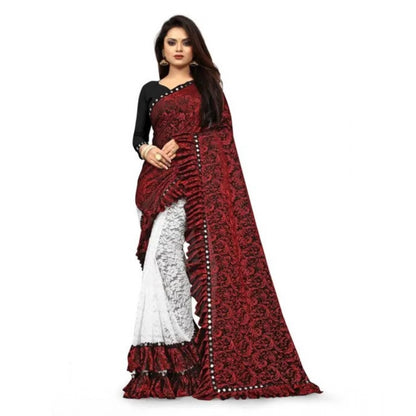 Generic Women's Silk With Mirror Lace Solid Saree With Unstitched Blouse (Red, 5-5 Mtrs)