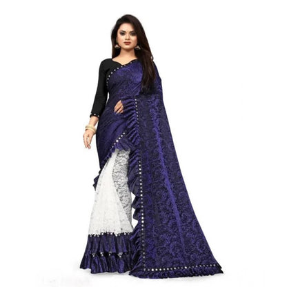 Generic Women's Silk With Mirror Lace Solid Saree With Unstitched Blouse (Blue, 5-5 Mtrs)