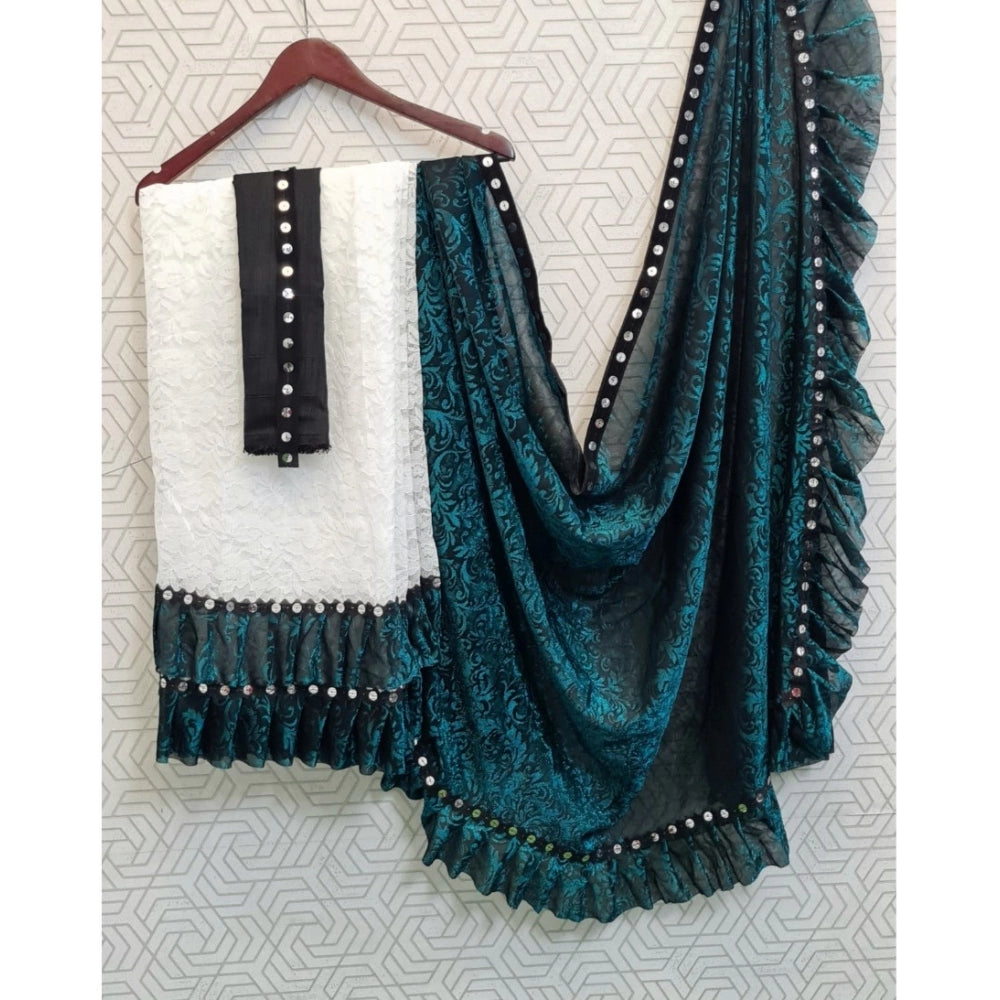 Generic Women's Silk With Mirror Lace Solid Saree With Unstitched Blouse (Rama, 5-5 Mtrs)