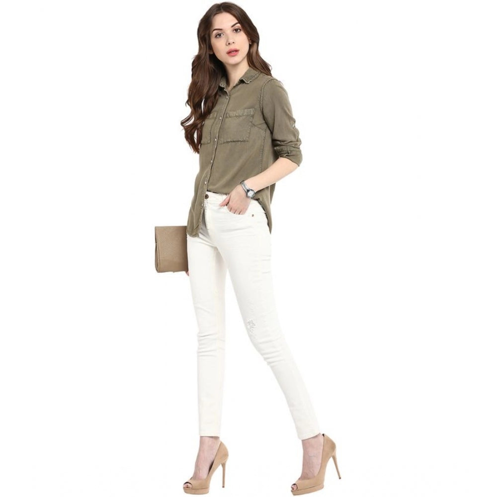 Generic Women's Rayon Solid Long Sleeves Standard Length Shirt (Olive Green)