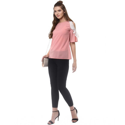 Generic Women's Polyester Lace Inserts Half Sleeve Top (Pink)