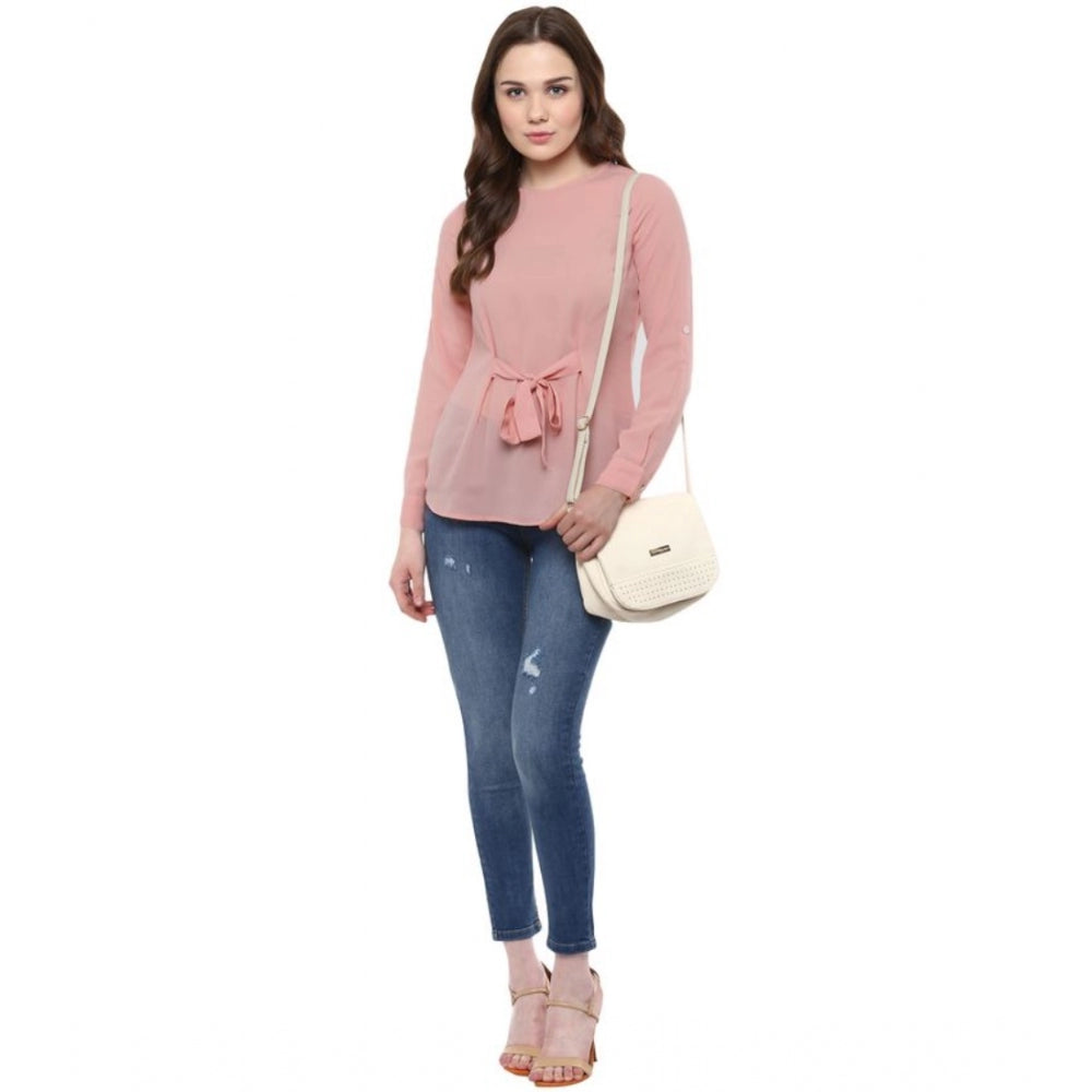 Generic Women's Polyester Solid Long Sleeves Regular Top (Pink)