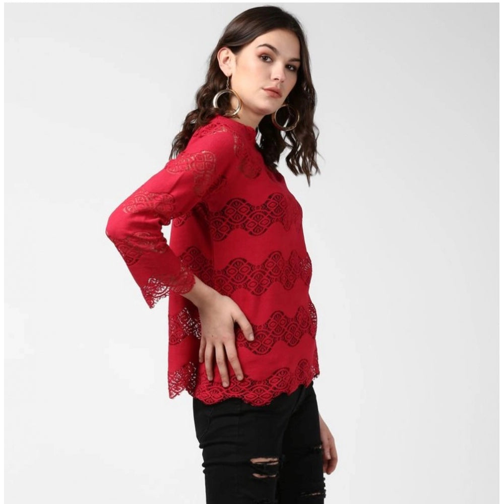 Generic Women's Cotton Self Design Long Sleeves Top (Maroon)