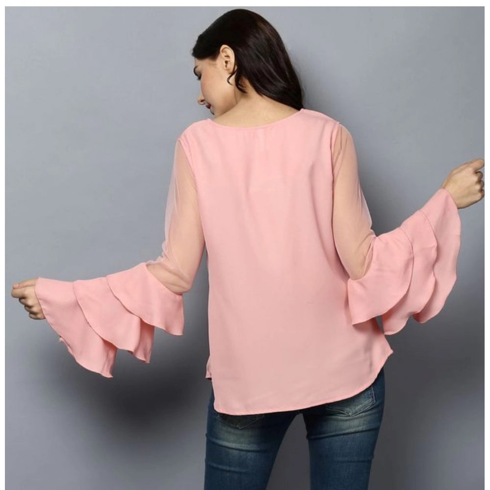 Generic Women's Polyester Solid Tier Sleeve Top (Pink)