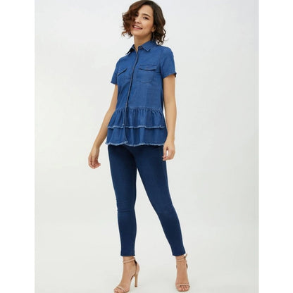 Generic Women's Denim Peplum Short Sleeve Top (Blue)