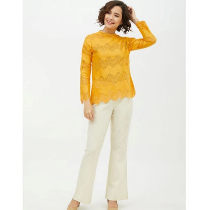 Generic Women's Cotton Lace Inserts Long Sleeves Top (Yellow)