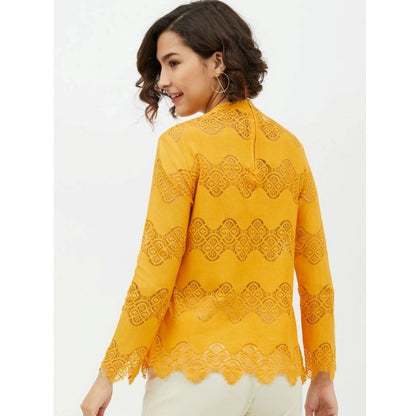 Generic Women's Cotton Lace Inserts Long Sleeves Top (Yellow)