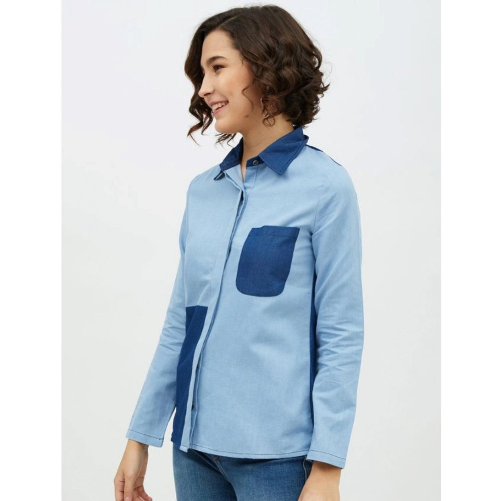 Generic Women's Denim Patch Work Long Sleeves Standard Length Shirt (Blue)