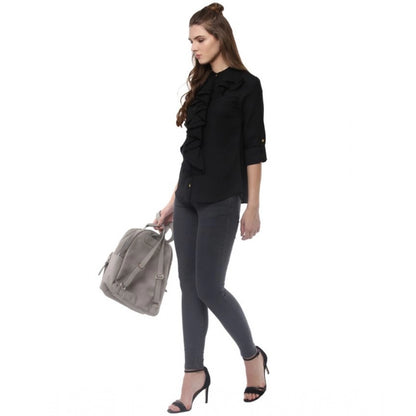 Generic Women's Polyester Ruffled Long Sleeves Top (Black)