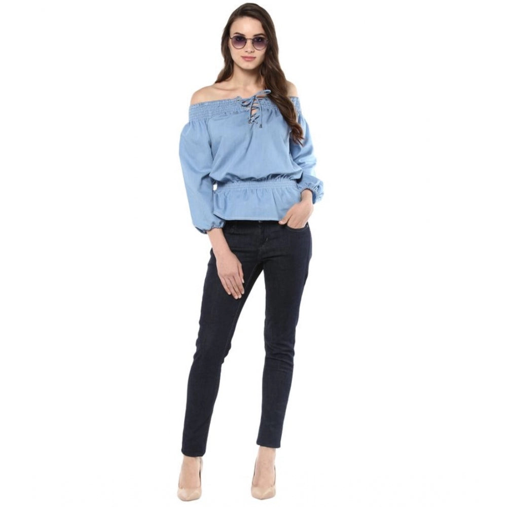 Generic Women's Denim Solid 3-4th Sleeves Regular Top (Blue)